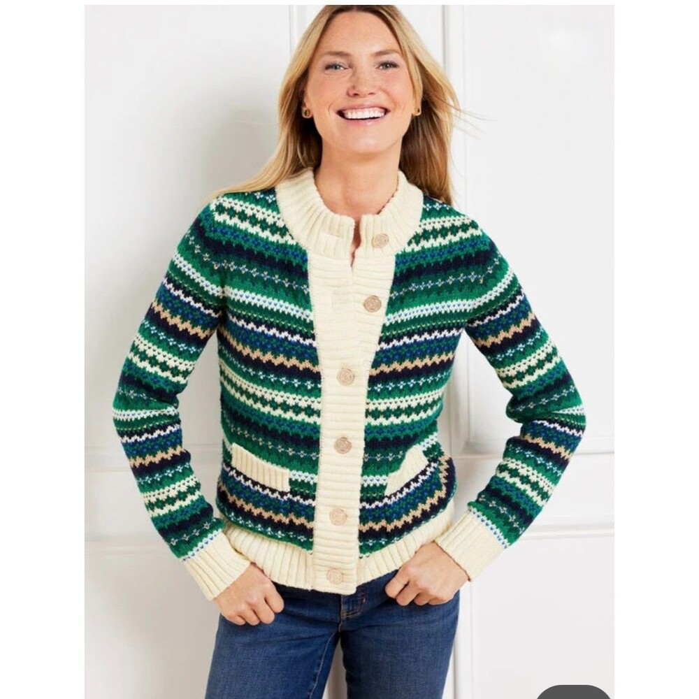 TALBOTS Sz 2X Metallic Cadet Fair Isle Mockneck Sweater Jacket Cardigan Holiday